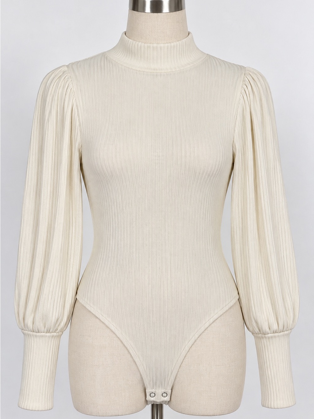 Forever 21 Ivory Ribbed Mock-Neck Puff-Sleeve Bodysuit